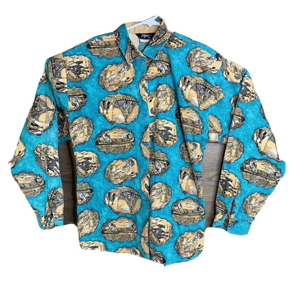 Vintage Roper Western Button-Up Shirt With Native American Print In Turquoise & - Picture 1 of 10
